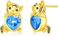 wholesale Sterling Silver Birthstone Tiger Holding Heart Stud Earrings for Women-March
