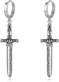 wholesale 925 Sterling Silver Cross Dagger Huggie Hoop Earrings Gothic Punk Style  for Women Girls-Sword