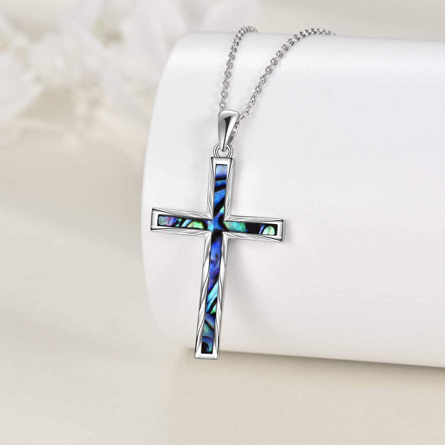 wholesale 925 Sterling Silver Blue Abalone Shell Inlay Cross Pendant Necklace-0-2