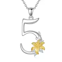wholesale 925 Sterling Silver Gold Lily Flower Pendant Necklace Wholesale w/ Lucky Number 0-9-Number 5