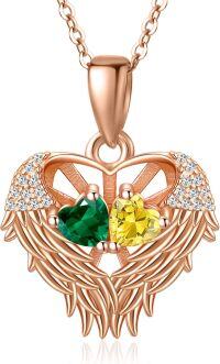 wholesale Sterling Silver 2 Birthstones Angel Wings Necklace for Women-05-11-May-Nov