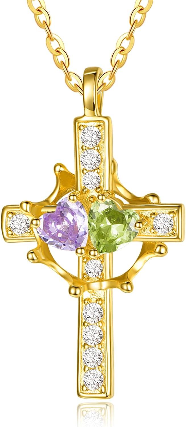 Sterling Silver Birthstones Gold Cross Necklace for Women -06-08-Jun-Aug-06-08-Jun-Aug