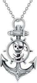wholesale 925 Sterling Silver Pirate Skull Anchor Pendant Necklace with Abalone Shell and Turquoise Stone for Women & Men-0-0