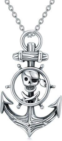 wholesale 925 Sterling Silver Pirate Skull Anchor Pendant Necklace with Abalone Shell and Turquoise Stone for Women & Men-Silver Anchor