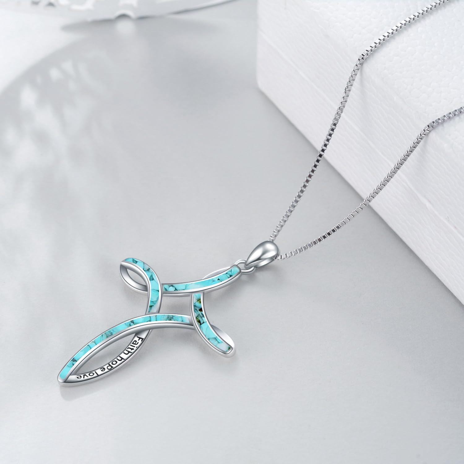wholesale 925 Sterling Silver Turquoise and White Opal Celtic Cross Pendant Necklace for Women-0-4