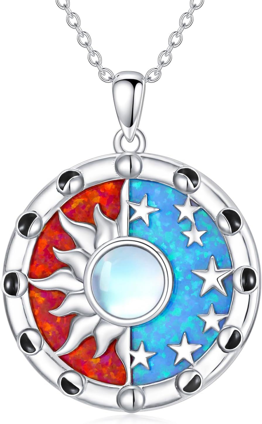 925 Sterling Silver Sun & Moon Opal Stone Pendant Necklaces for Women Gifts-0-0