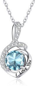 wholesale S925 Sterling Silver 18K White Gold Plated Aquamarine Birthstone Necklace - Romantic I Love You Engraved Gift for Women-0-0