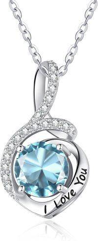 wholesale S925 Sterling Silver 18K White Gold Plated Aquamarine Birthstone Necklace - Romantic I Love You Engraved Gift for Women-03-Mar