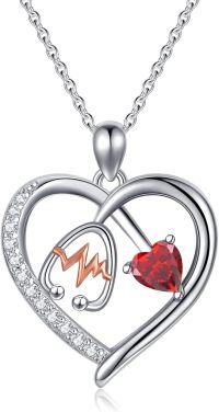 wholesale Sterling Silver Gemstone Heart Stethoscope Pendant Necklace for Women-A1:January-Garnet