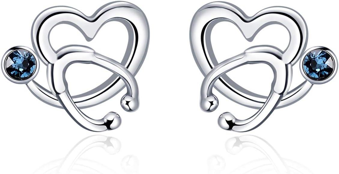 Sterling Silver Austria Crystal Nurse Earrings Stethoscope Studs Graduation Gifts for RN Doctor Medical Student-Blue