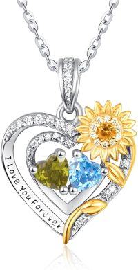 wholesale Sterling Silver 2 Birthstones Sunflower Heart Necklace for Women-08-12-Aug-Dec