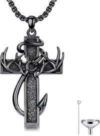 wholesale 925 Sterling Silver Cross & Antlers Cremation Keepsake Pendant with Funnel and Chain - Memorial Jewelry for Ashes (Engraving Available)-1-2-Cross-Black-1-2-Cross-Black-Custom