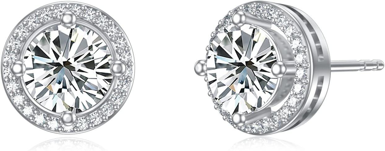 18K White Gold Plated Silver Moissanite 2ct D Color Brilliant Round Cut Halo Stud Earrings-0-1