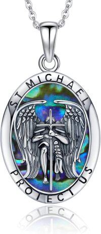 wholesale 925 Sterling Silver Oval Saint Michael and Saint Christopher Pendant with Abalone Shell Inlay Chain Necklace for Women Christian Protection s-Abalone St Michael