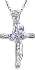 wholesale 925 Sterling Silver Cross with Purple Crystal Butterfly Pendant Necklace for Women-0-0