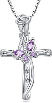 wholesale 925 Sterling Silver Cross with Purple Crystal Butterfly Pendant Necklace for Women-01-Rose