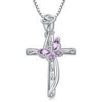 wholesale 925 Sterling Silver Cross With Purple Rhinestone Rose Necklace-01-Rose