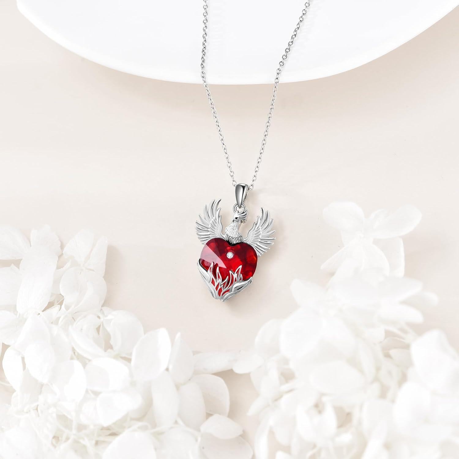 Sterling Silver Red Crystal Phoenix Pendant Necklace for Women-0-5