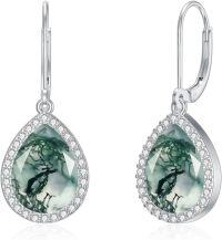 wholesale 925 Sterling Silver Teardrop Green Moss Agate Dangle Earrings Hypoallergenic  for Women and Girls-Moss Agate