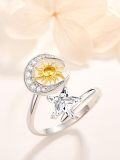 wholesale 925 Sterling Silver Sun Moon Ring with Cubic Zirconia, White & Yellow Gold Plated, Adjustable Size 6-10, Celestial Jewelry Gift-0-1
