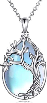wholesale 925 Sterling Silver Blue Moonstone Tree of Life Pendant Necklace for Women Birthdays Gift Ideas-Moonstone