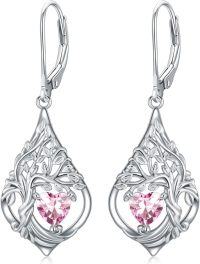 wholesale 925 Sterling Silver 12 Months Birthstone Crystal Tree of Life Earrings-10-Oct-Pink