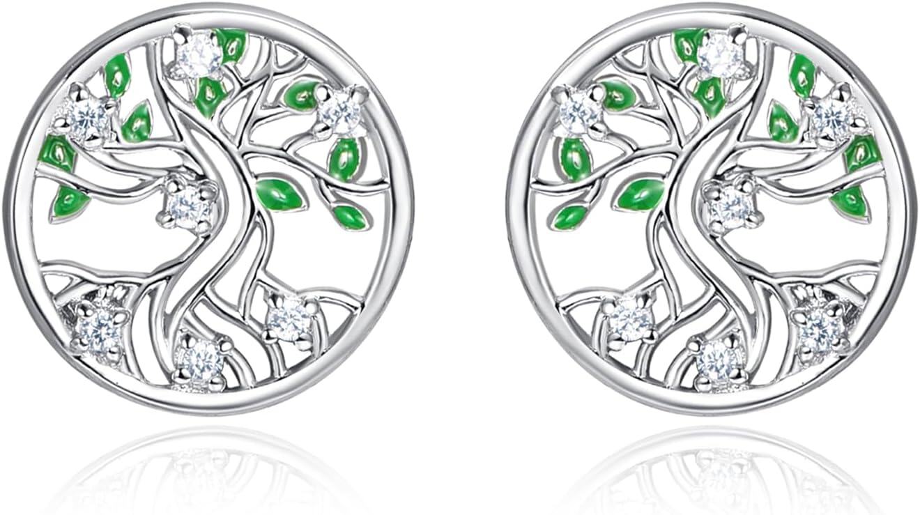 Sterling Silver Cubic Zirconia Tree of Life Stud Earrings for Women-0-0