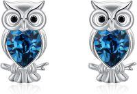 wholesale 925 Sterling Silver Owl Stud Earrings with Blue Austrian Crystals-04_Owl