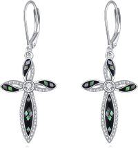 wholesale 925 Sterling Silver Black Shell & Cubic Zirconia Cross Dangle Drop Earrings for Women-cross