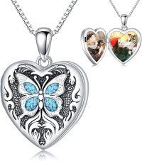wholesale 925 Sterling Silver Turquoise Butterfly Heart Photo Locket Pendant Necklace for Women Girls Gifts-Natural Turquoise-Photo Custom