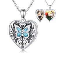 wholesale 925 Sterling Silver Turquoise Butterfly Heart Photo Locket Pendant Necklace for Women Girls Gifts-Natural Turquoise-Photo Custom