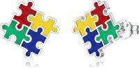 wholesale 925 Sterling Silver Autism Puzzle Stud Earrings - 14mm, Platinum Plated, Nickel-Free, Hypoallergenic, Gift Box Included-Colorful Puzzle