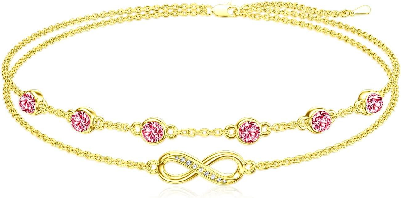 Sterling Silver Birthstone Women s Anklet Bracelets Infinity Butterfly Evil Eye Turtle Pineapple Starfish Heart-Bracelet 7"-9"-Infinity 07-Ruby-Yellow Gold