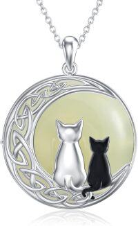 wholesale Sterling Silver Jade Necklace Cat Hummingbird Dragonfly Butterfly Bee Jewelry Gift for Women Mom-Cats 2-White Gold