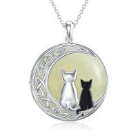 wholesale 925 Sterling Silver Cat On Moon Pendant Necklace-Cats 2-White Gold