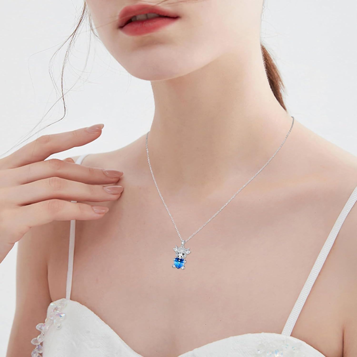 Sterling Silver Crystal Highland Cow Heart Pendant Necklace for Women Girls-0-5