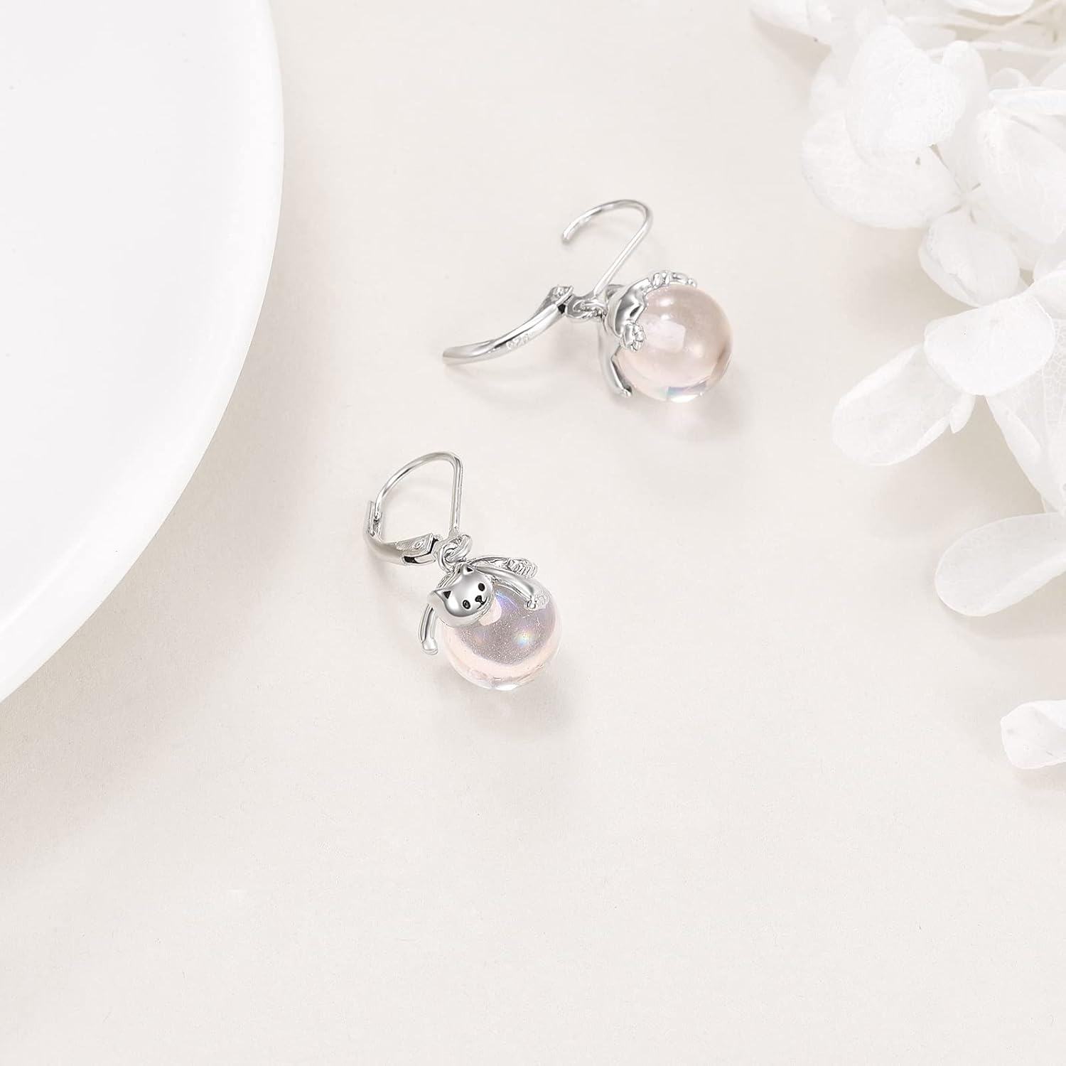 925 Sterling Silver Opalite Cat Dangle Earrings-0-2