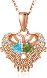 wholesale Sterling Silver 2 Birthstones Angel Wings Necklace for Women-03-08-Mar-Aug