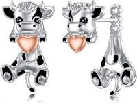 wholesale Sterling Silver Animal Stud Earrings Cute Axolotl Cow Pig Koala Frog Bulldog Panda Highland Cow Bee Cat for Women Christmas Birthday-01-Adjustable Cow