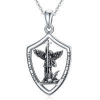 wholesale 925 Sterling Silver Angel of Protection Shield Pendant Necklace with Cross and Dragon Design-St Michael