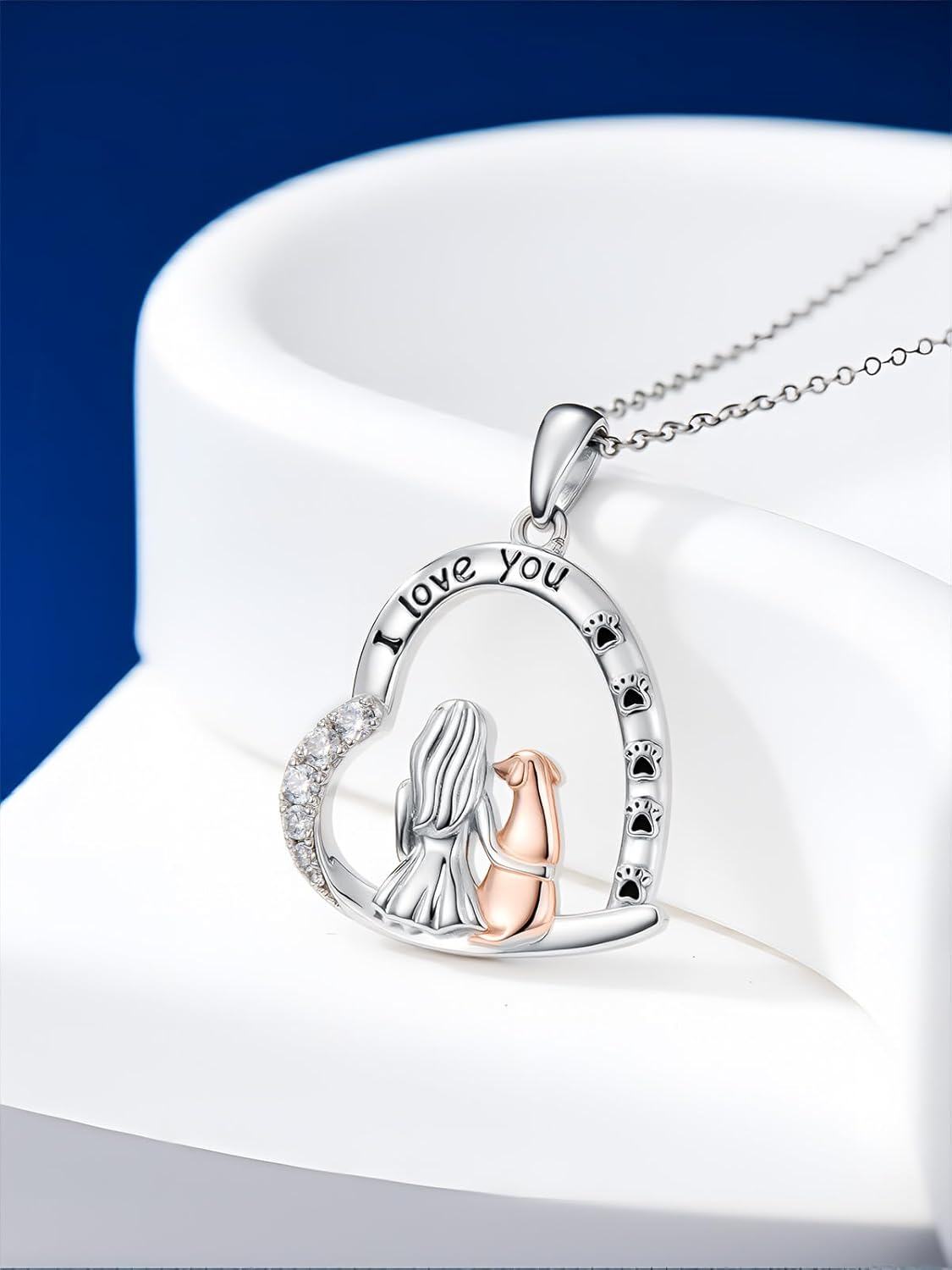 Sterling Silver Dog Necklace with Paw Print I Love You Heart Engraved Gift for Women Pet Lovers-0-3