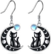 wholesale 925 Sterling Silver Moon Cat Drop Earrings with Blue Stone - Gifts for Her-Black Cat