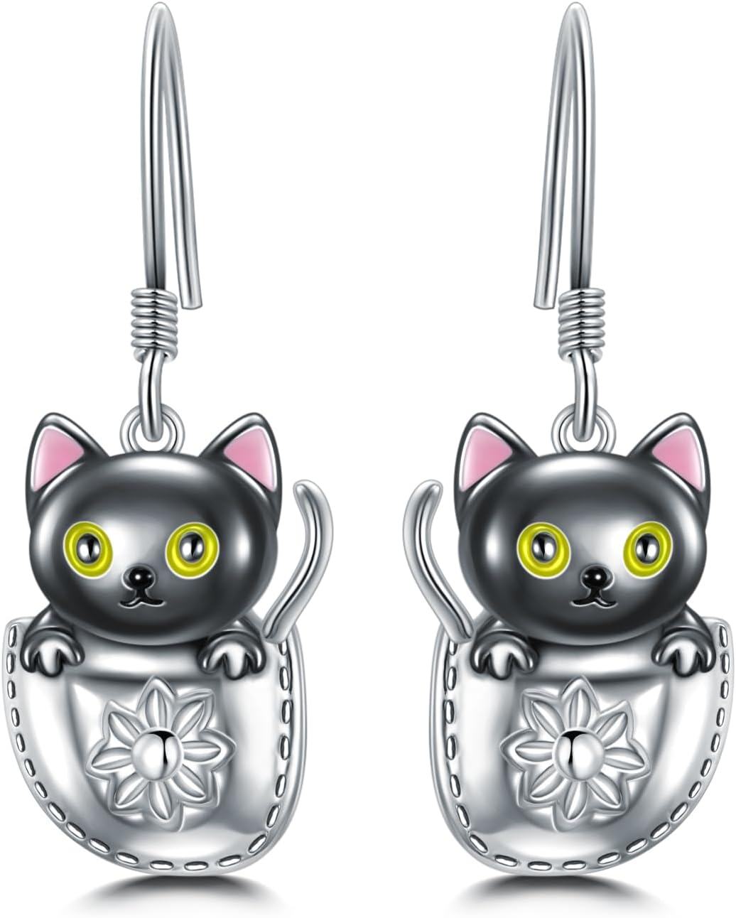 wholesale 925 Sterling Silver Black Cat Drop Earrings with Pink Accents and Flower Design-0-0