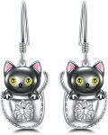 wholesale 925 Sterling Silver Black Cat Drop Earrings with Pink Accents and Flower Design-0-0