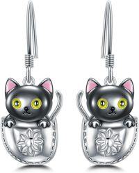 wholesale 925 Sterling Silver Black Cat Drop Earrings with Pink Accents and Flower Design-Cat in Pocket