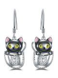 wholesale 925 Sterling Silver Black Cat Drop Earrings with Pink Accents and Flower Design-0-0