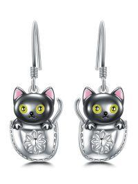 wholesale 925 Sterling Silver Black Cat Drop Earrings with Pink Accents and Flower Design-Cat in Pocket