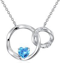 wholesale Sterling Silver Heart Birthstone Interlocking Double Circle Sister Necklace-Light Blue