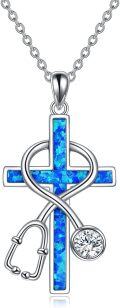 wholesale 925 Sterling Silver Blue Created Opal Cross Stethoscope Pendant Necklace for Nurses Gifts-0-0