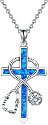 wholesale 925 Sterling Silver Blue Created Opal Cross Stethoscope Pendant Necklace for Nurses Gifts-1-Stethoscope-Blue Opal